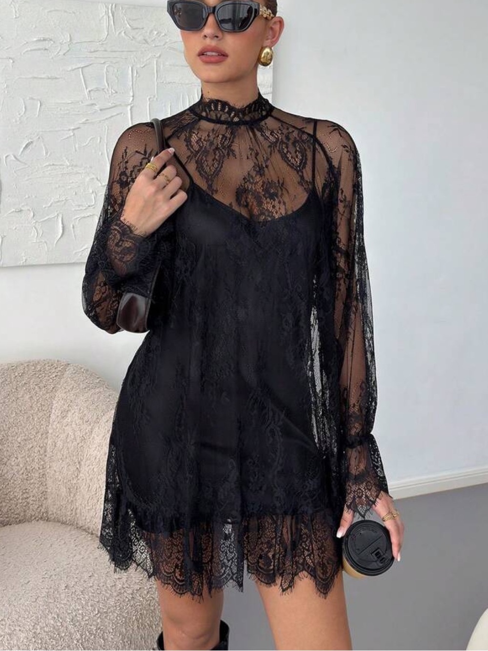 Women's Elegant Sexy Mesh Long Sleeve Top, Lace Embroidered Tulle Dress - Picture 7 of 7